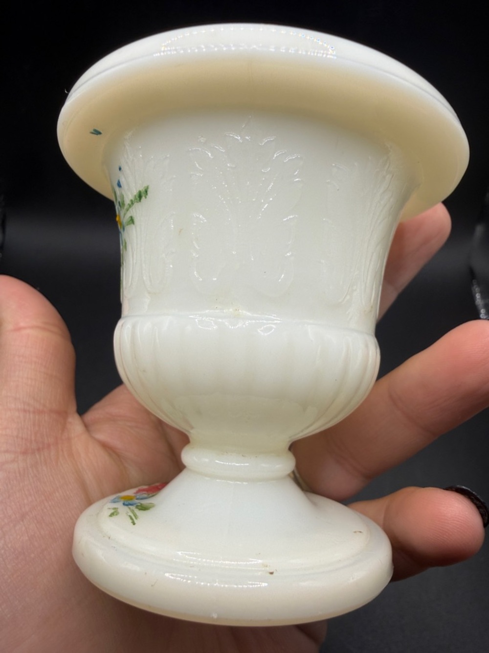Vintage Hand Painted Floral White Milk Glass Urn Vase Vessel Cottagecore Decor - Picture 10 of 10